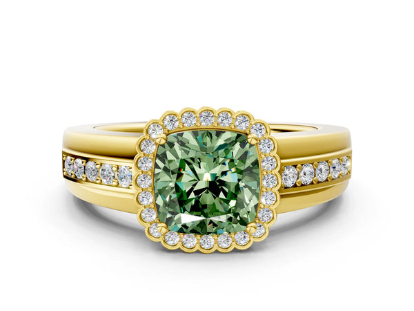 Yellow gold Fancy Green Cushion  Cut Halo Pave Band Four-Prong Ring