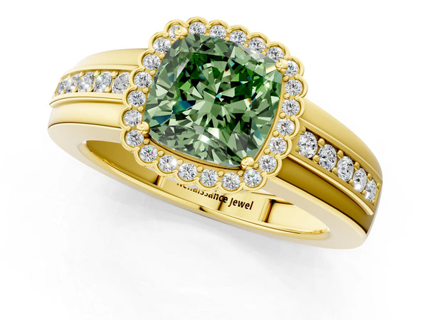 Yellow gold Fancy Green Cushion  Cut Halo Pave Band Four-Prong Ring