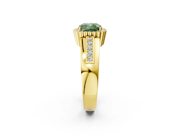 Yellow gold Fancy Green Cushion  Cut Halo Pave Band Four-Prong Ring
