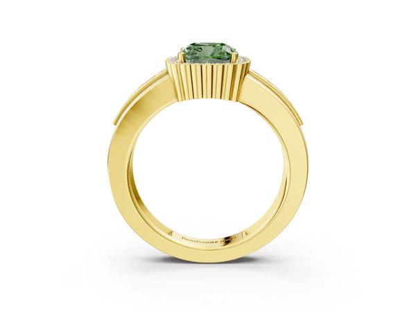 Yellow gold Fancy Green Cushion  Cut Halo Pave Band Four-Prong Ring