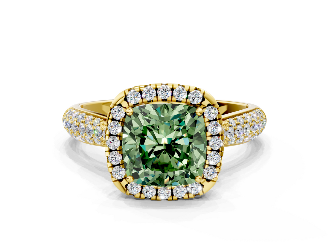 Yellow gold Fancy Green Cushion  Cut Halo Pave Band Four-Prong Setting Ring_37