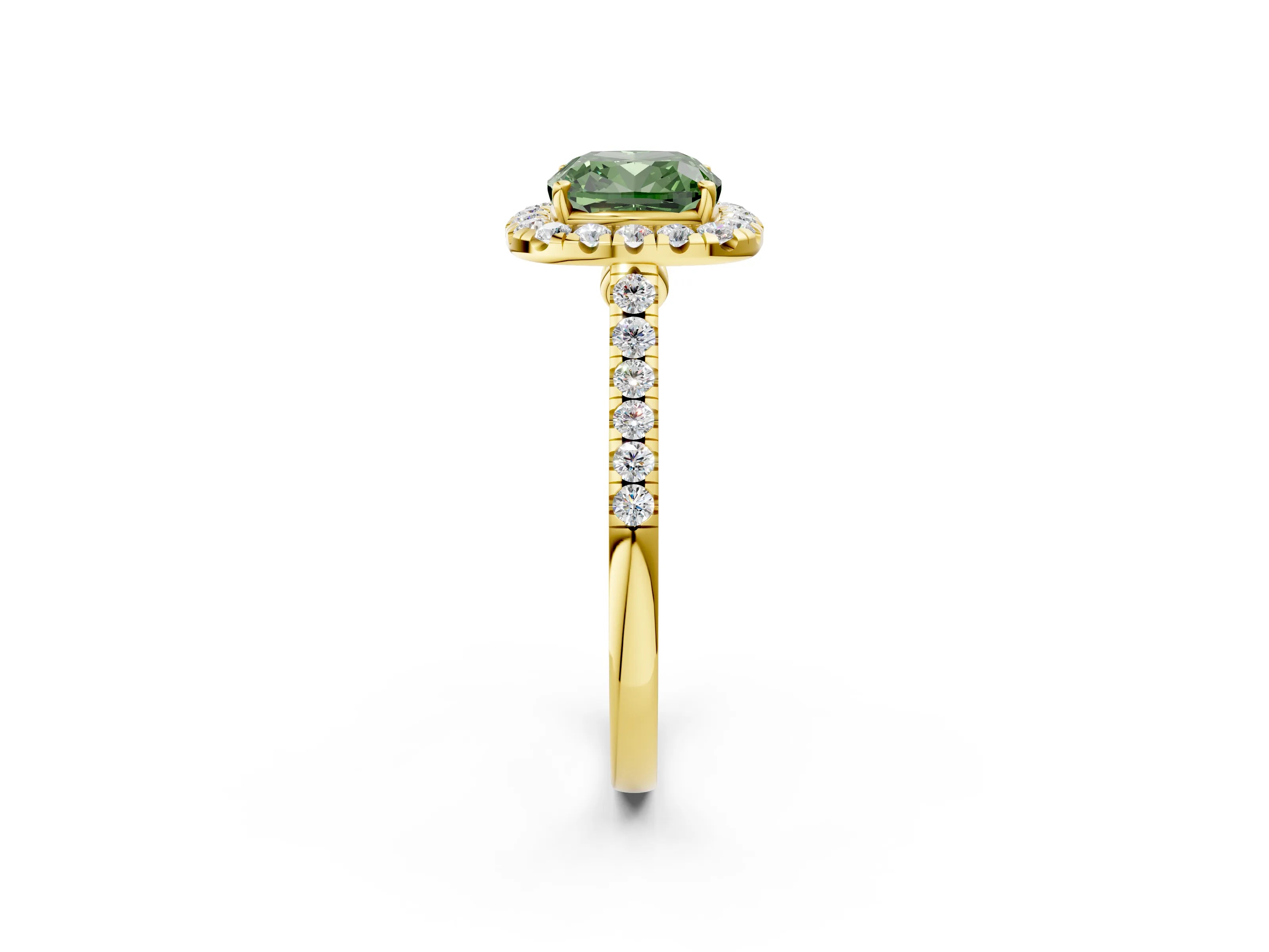 Yellow gold Fancy Green Cushion Cut Halo Pave Diamond Engagement Ring with Four-Prong Setting_2