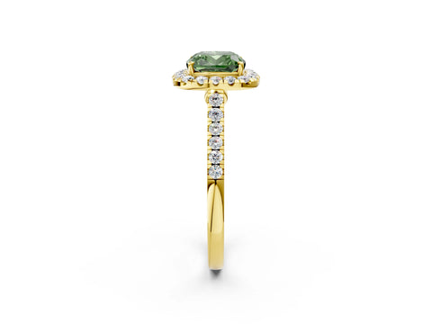 Yellow gold Fancy Green Cushion Cut Halo Pave Diamond Engagement Ring with Four-Prong Setting_2