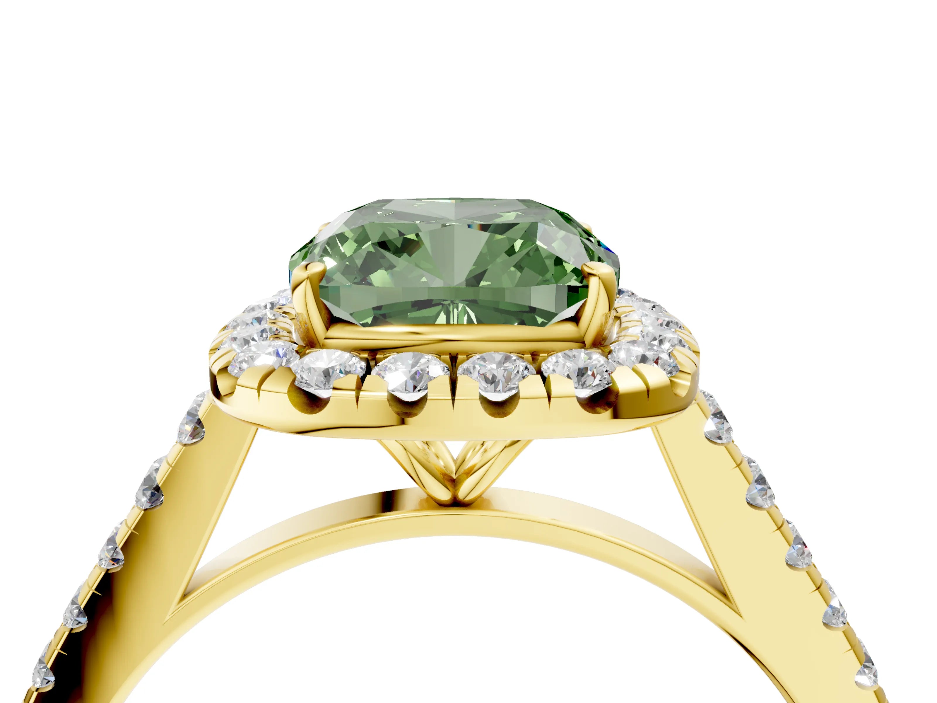 Yellow gold Fancy Green Cushion Cut Halo Pave Diamond Engagement Ring with Four-Prong Setting_4