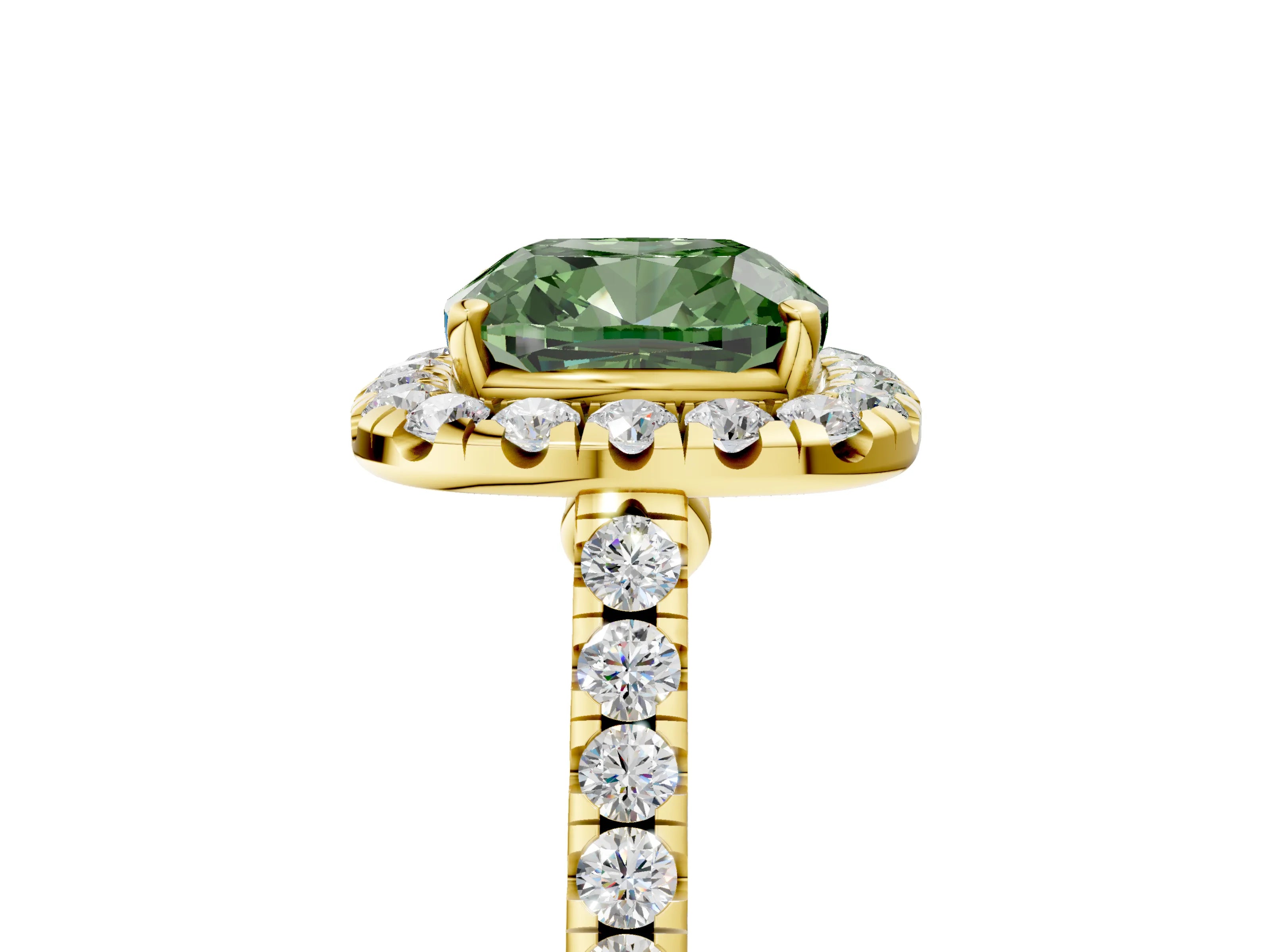 Yellow gold Fancy Green Cushion Cut Halo Pave Diamond Engagement Ring with Four-Prong Setting_5