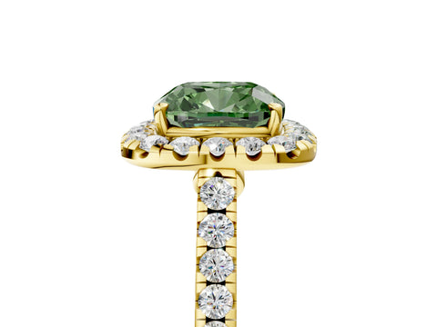 Yellow gold Fancy Green Cushion Cut Halo Pave Diamond Engagement Ring with Four-Prong Setting_5