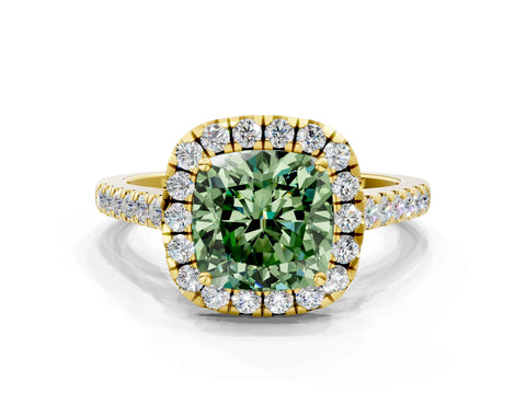 Yellow gold Fancy Green Cushion Cut Halo Pave Diamond Engagement Ring with Four-Prong Setting