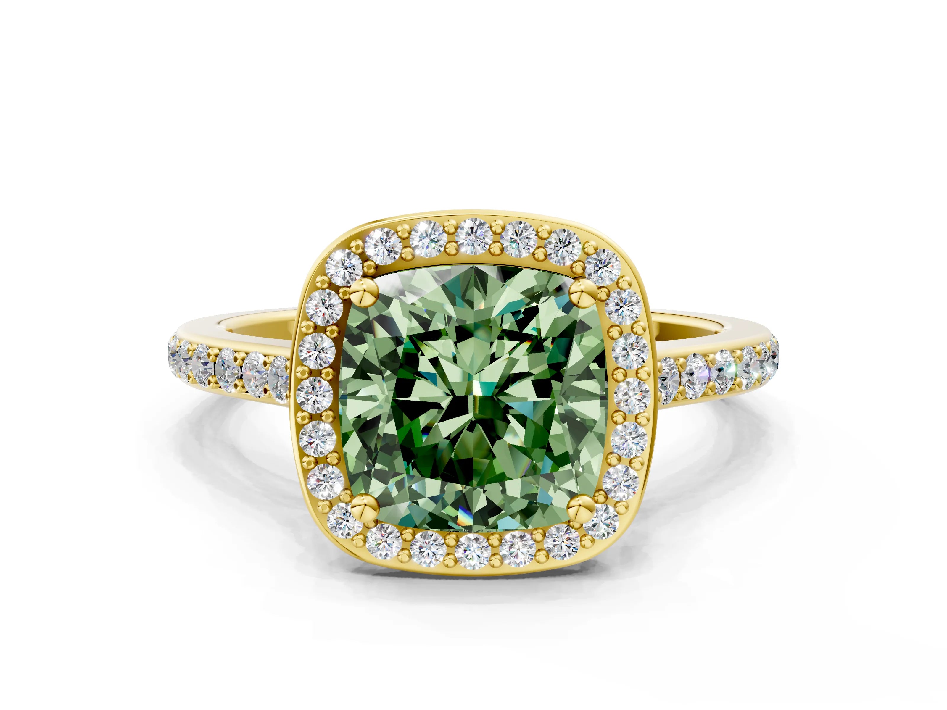 Yellow gold Fancy Green Cushion Cut Halo Round Diamond Pavé Band with Four-Prong Setting_3