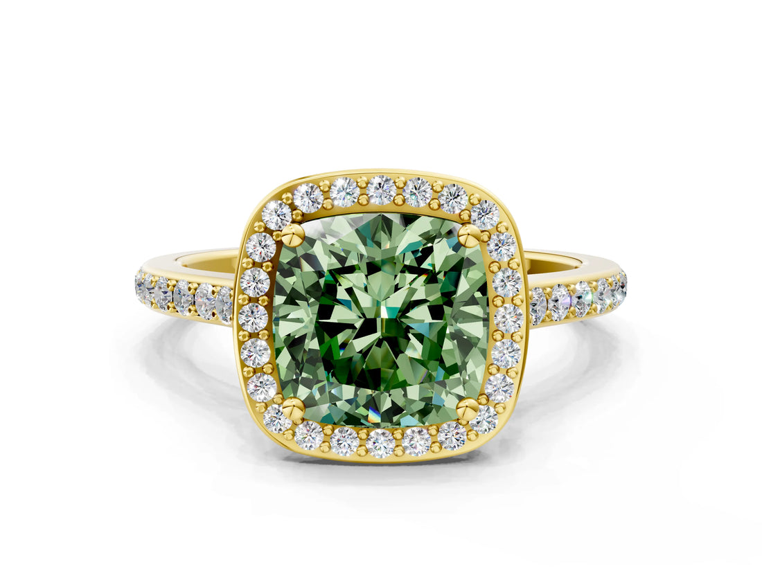 Yellow gold Fancy Green Cushion Cut Halo Round Diamond Pavé Band with Four-Prong Setting_3