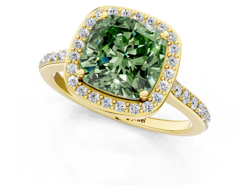 Yellow gold Fancy Green Cushion Cut Halo Round Diamond Pavé Band with Four-Prong Setting_4