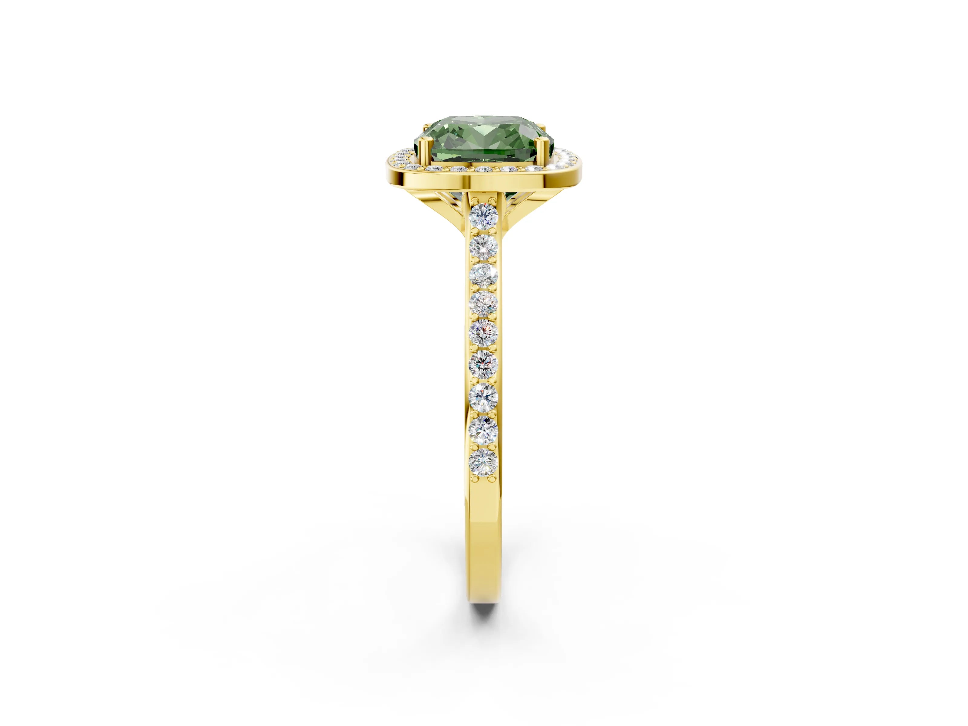 Yellow gold Fancy Green Cushion Cut Halo Round Diamond Pavé Band with Four-Prong Setting_5