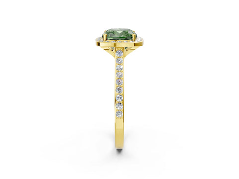 Yellow gold Fancy Green Cushion Cut Halo Round Diamond Pavé Band with Four-Prong Setting_5