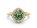 Yellow gold Fancy Green Cushion Cut Halo Round Diamond Solitaire Engagement Ring with Pave Band and Four-Prong Setting_12