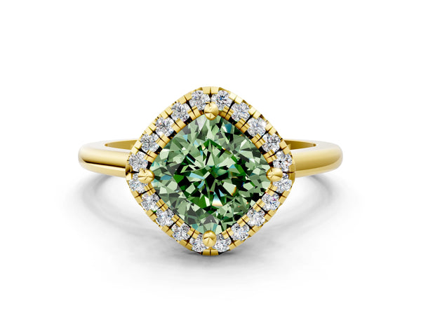 Yellow gold Fancy Green Cushion Cut Halo Round Diamond Solitaire Engagement Ring with Pave Band and Four-Prong Setting