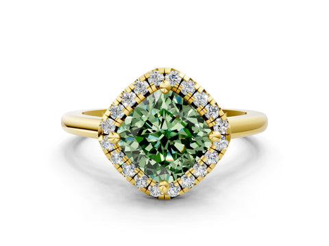 Yellow gold Fancy Green Cushion Cut Halo Round Diamond Solitaire Engagement Ring with Pave Band and Four-Prong Setting_12