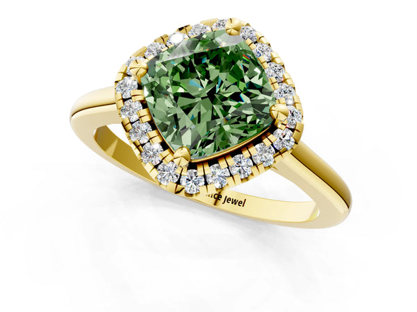 Yellow gold Fancy Green Cushion Cut Halo Round Diamond Solitaire Engagement Ring with Pave Band and Four-Prong Setting