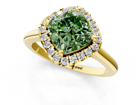 Yellow gold Fancy Green Cushion Cut Halo Round Diamond Solitaire Engagement Ring with Pave Band and Four-Prong Setting_13