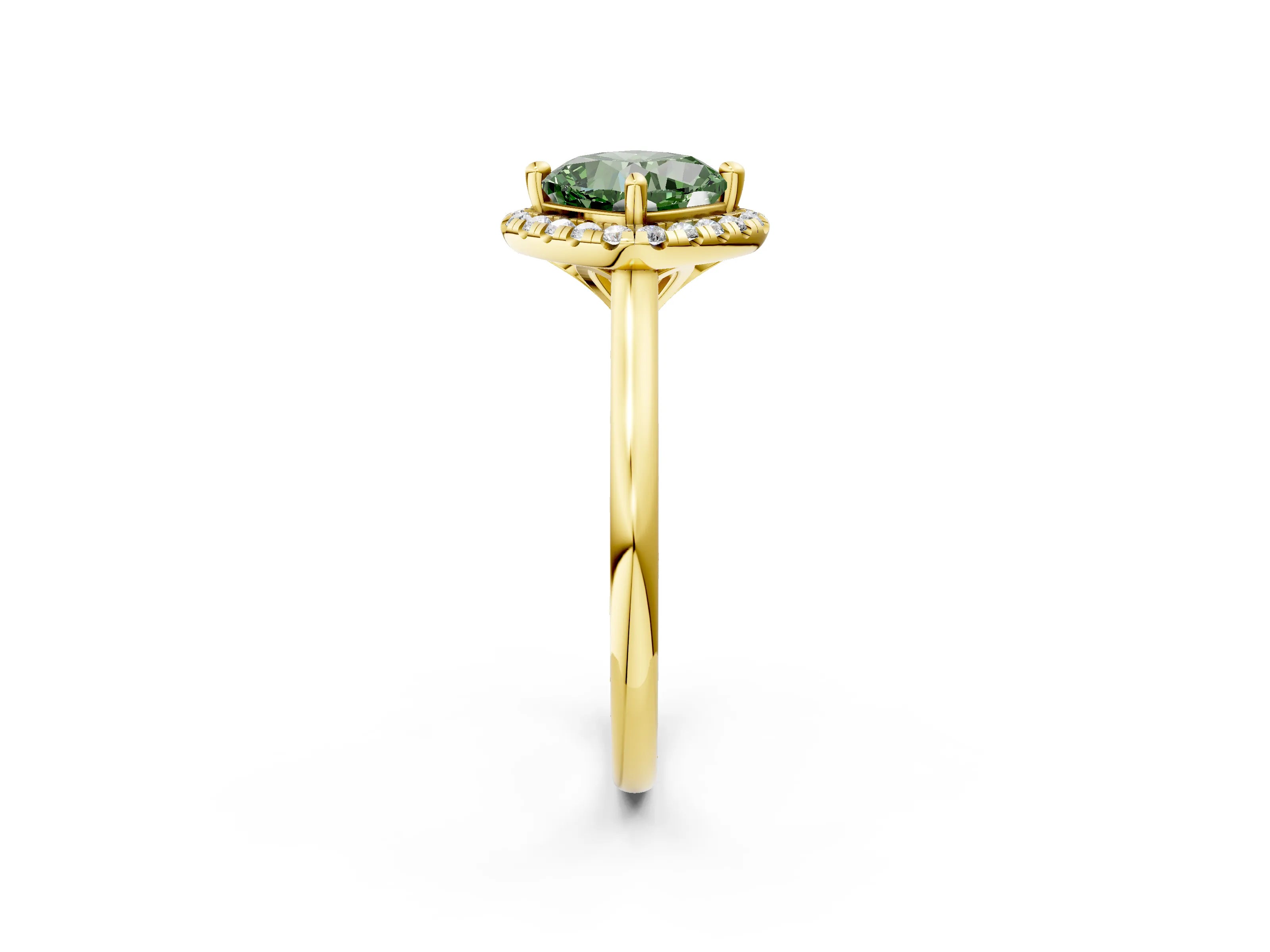 Yellow gold Fancy Green Cushion Cut Halo Round Diamond Solitaire Engagement Ring with Pave Band and Four-Prong Setting_14