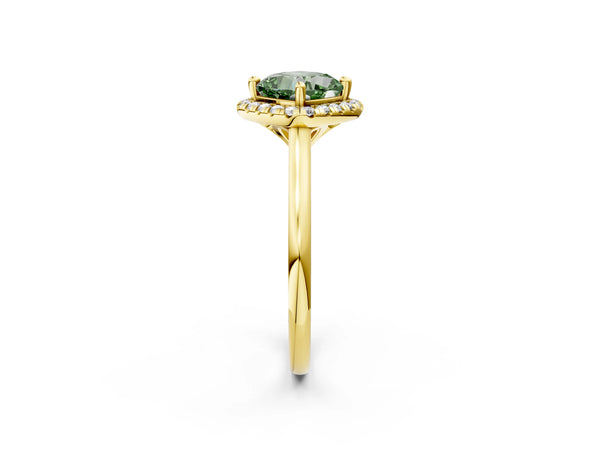 Yellow gold Fancy Green Cushion Cut Halo Round Diamond Solitaire Engagement Ring with Pave Band and Four-Prong Setting