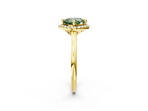 Yellow gold Fancy Green Cushion Cut Halo Round Diamond Solitaire Engagement Ring with Pave Band and Four-Prong Setting_14