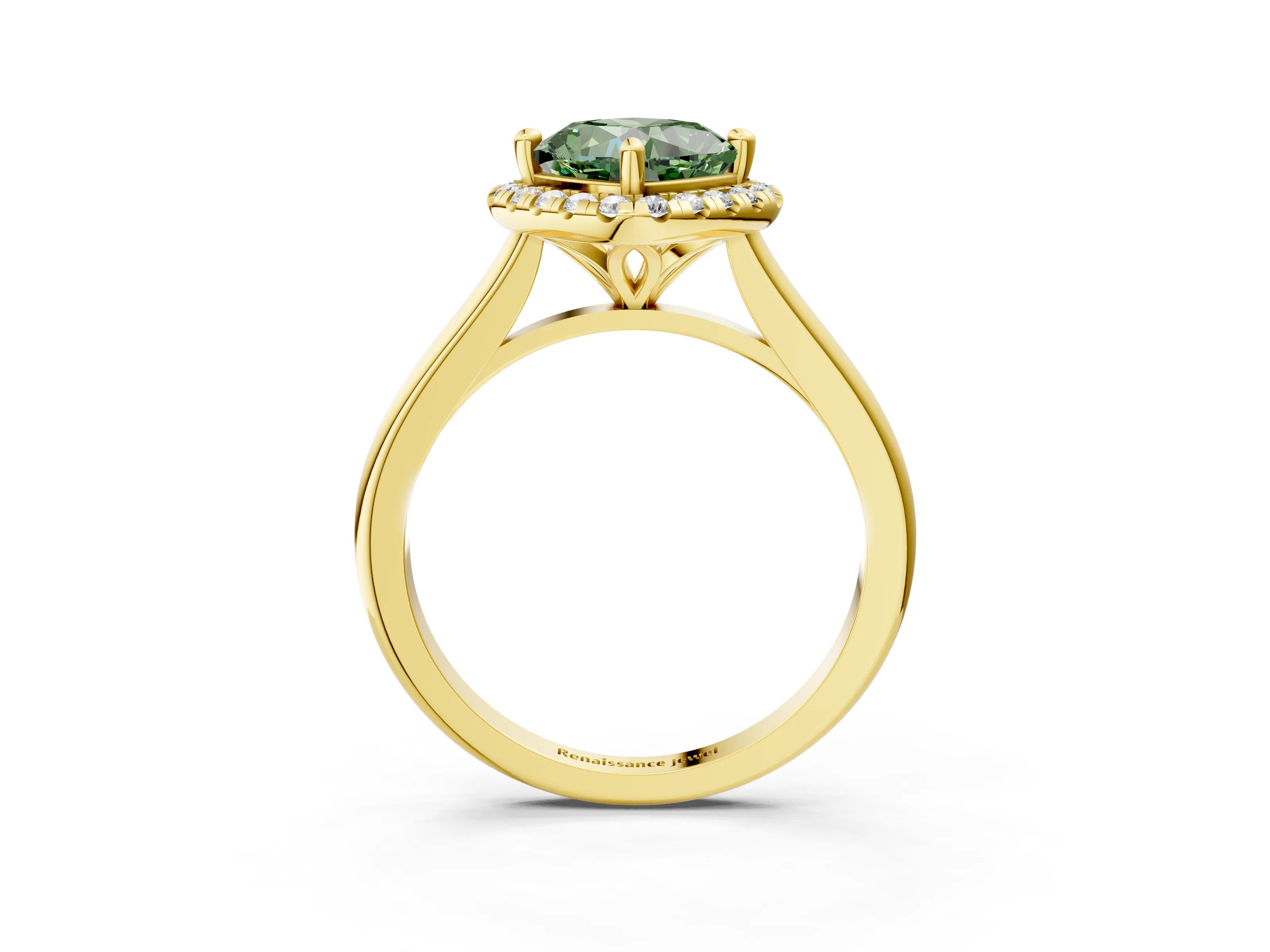 Yellow gold Fancy Green Cushion Cut Halo Round Diamond Solitaire Engagement Ring with Pave Band and Four-Prong Setting_15