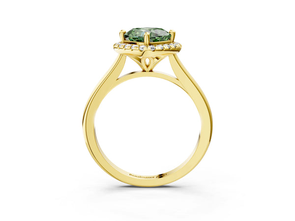 Yellow gold Fancy Green Cushion Cut Halo Round Diamond Solitaire Engagement Ring with Pave Band and Four-Prong Setting