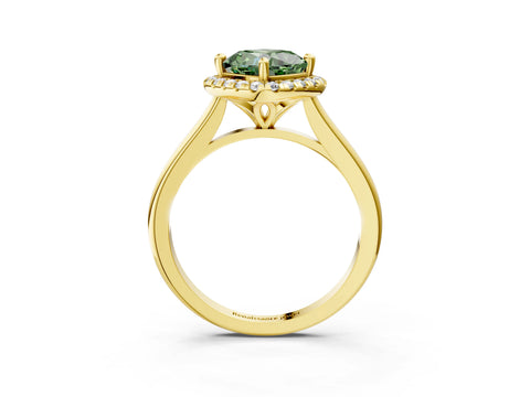 Yellow gold Fancy Green Cushion Cut Halo Round Diamond Solitaire Engagement Ring with Pave Band and Four-Prong Setting_15