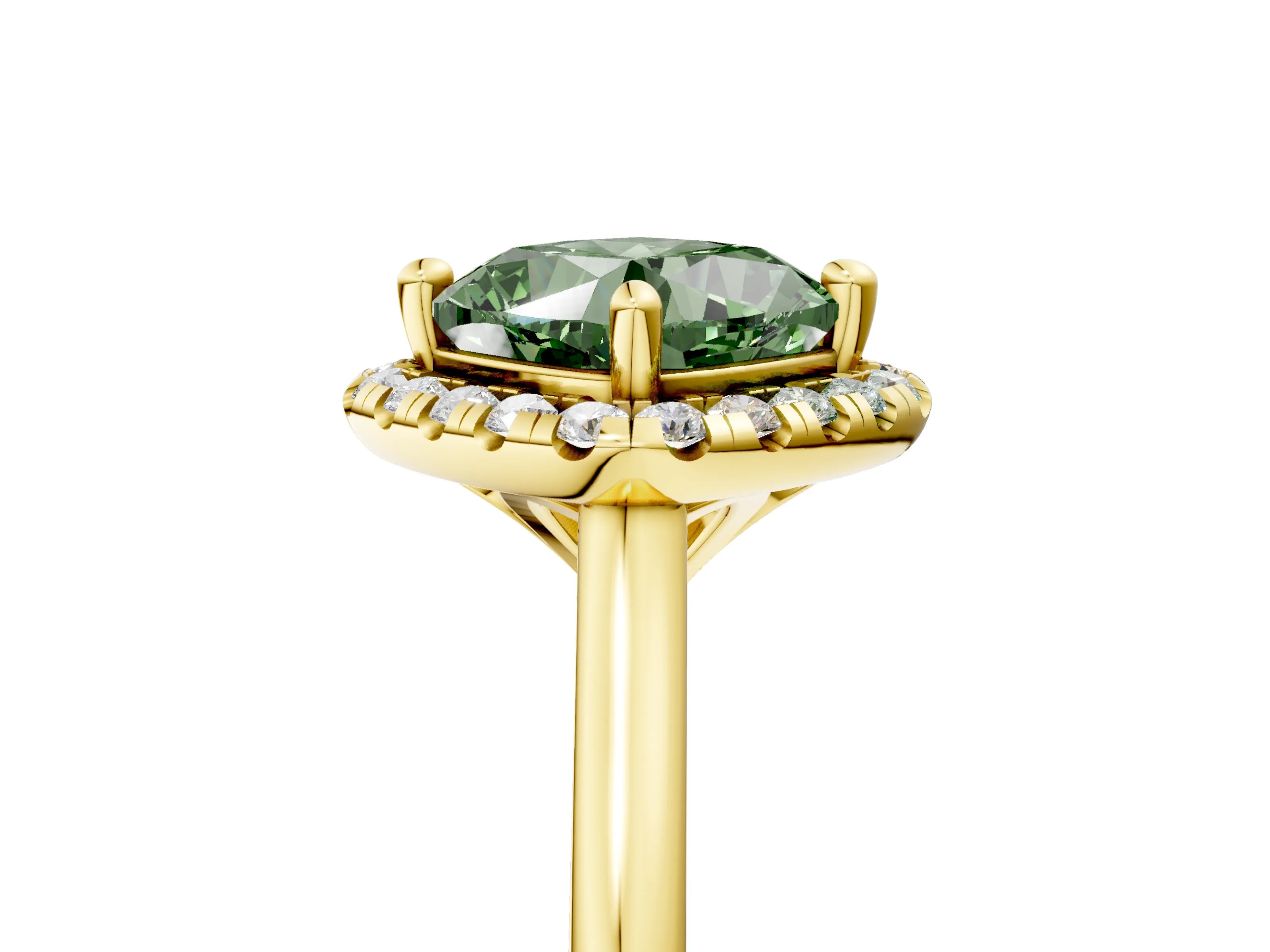 Yellow gold Fancy Green Cushion Cut Halo Round Diamond Solitaire Engagement Ring with Pave Band and Four-Prong Setting_17
