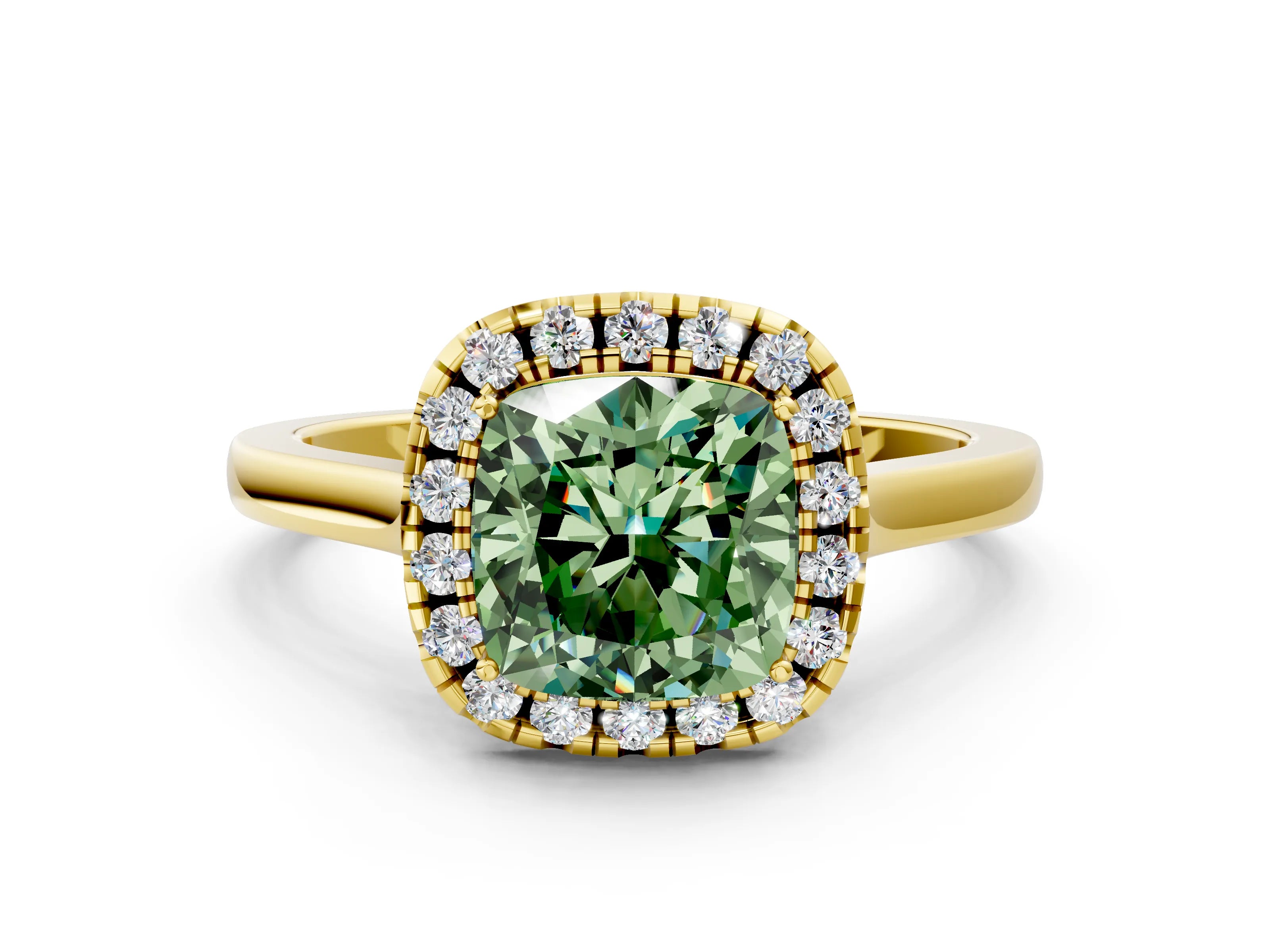 Yellow gold Fancy Green Cushion Cut Halo Round Diamond Solitaire Ring with Pavé Band and Four-Prong Setting_12