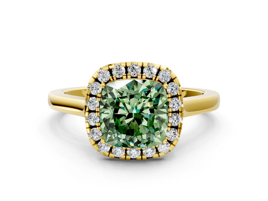 Yellow gold Fancy Green Cushion Cut Halo Round Diamond Solitaire Ring with Pavé Band and Four-Prong Setting_12