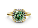 Yellow gold Fancy Green Cushion Cut Halo Round Diamond Solitaire Ring with Pavé Band and Four-Prong Setting_12