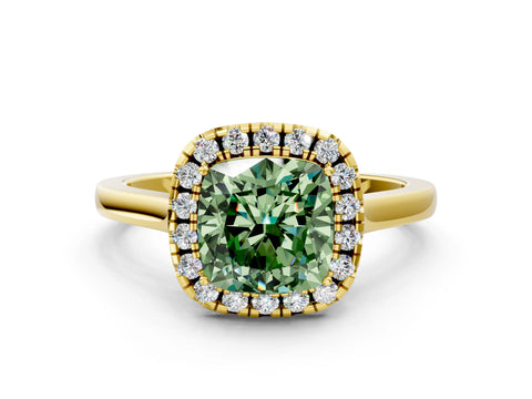 Yellow gold Fancy Green Cushion Cut Halo Round Diamond Solitaire Ring with Pavé Band and Four-Prong Setting_12
