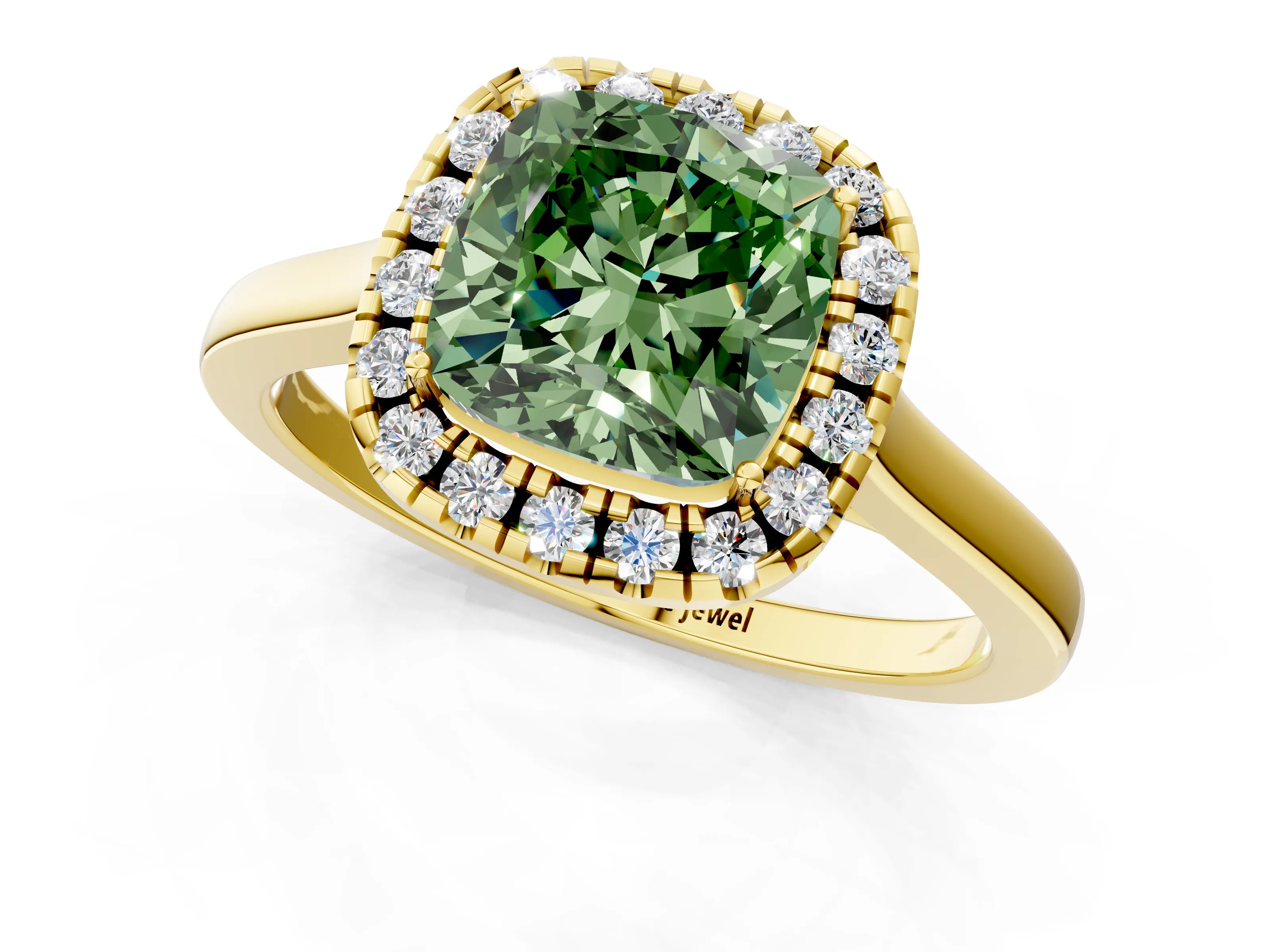 Yellow gold Fancy Green Cushion Cut Halo Round Diamond Solitaire Ring with Pavé Band and Four-Prong Setting_13