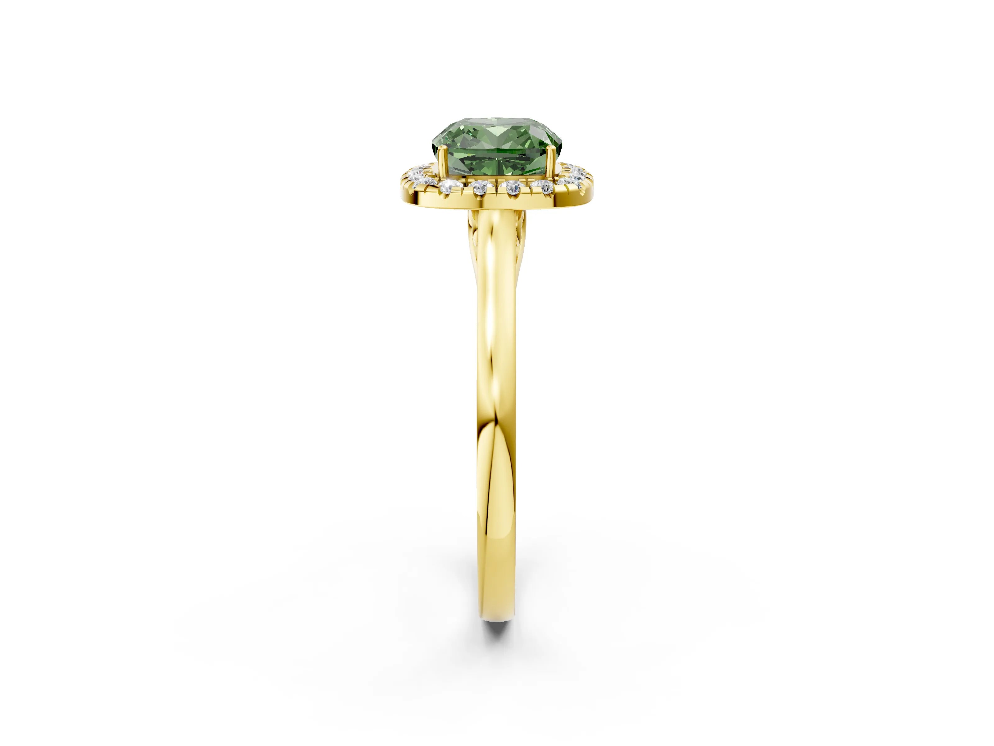 Yellow gold Fancy Green Cushion Cut Halo Round Diamond Solitaire Ring with Pavé Band and Four-Prong Setting_14
