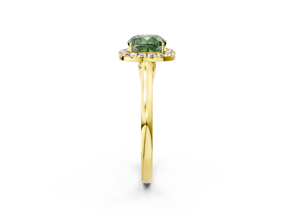 Yellow gold Fancy Green Cushion Cut Halo Round Diamond Solitaire Ring with Pavé Band and Four-Prong Setting