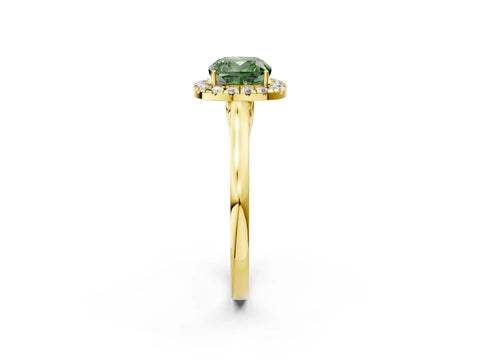 Yellow gold Fancy Green Cushion Cut Halo Round Diamond Solitaire Ring with Pavé Band and Four-Prong Setting_14
