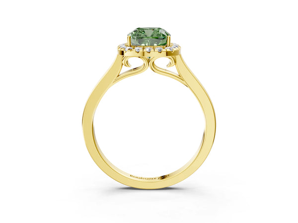 Yellow gold Fancy Green Cushion Cut Halo Round Diamond Solitaire Ring with Pavé Band and Four-Prong Setting