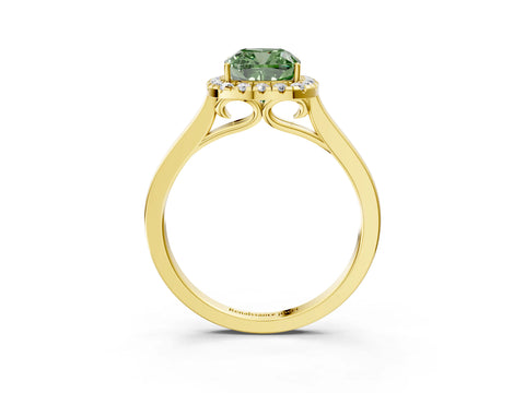 Yellow gold Fancy Green Cushion Cut Halo Round Diamond Solitaire Ring with Pavé Band and Four-Prong Setting_15