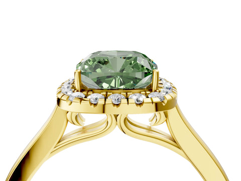 Yellow gold Fancy Green Cushion Cut Halo Round Diamond Solitaire Ring with Pavé Band and Four-Prong Setting_16