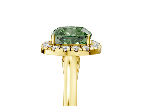 Yellow gold Fancy Green Cushion Cut Halo Round Diamond Solitaire Ring with Pavé Band and Four-Prong Setting_17