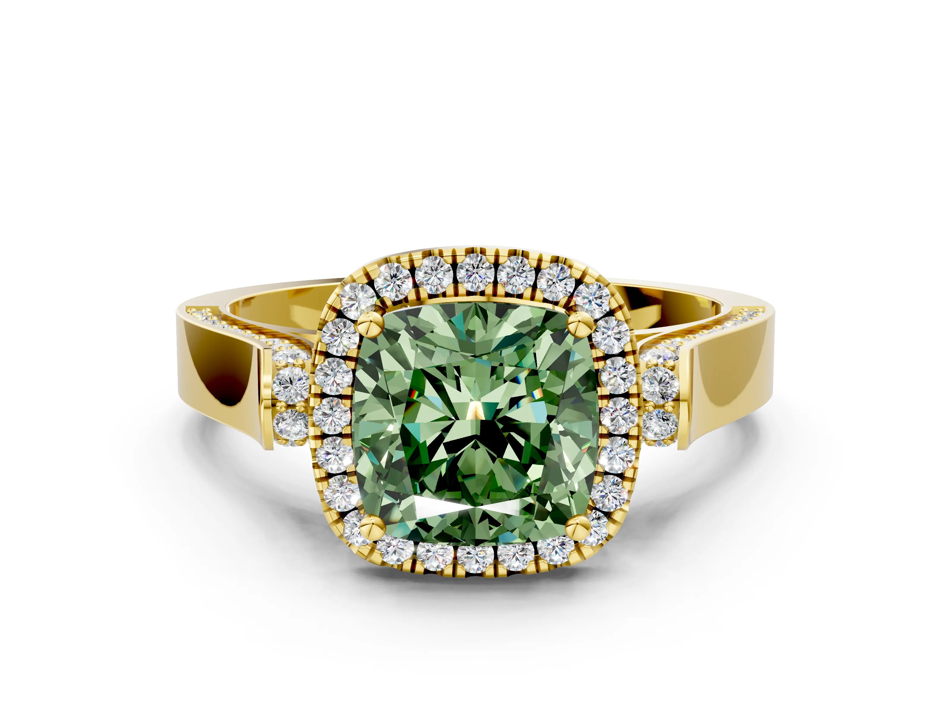 Yellow gold Fancy Green Cushion Cut Halo Round Diamond Twist Band with Four-Prong Setting