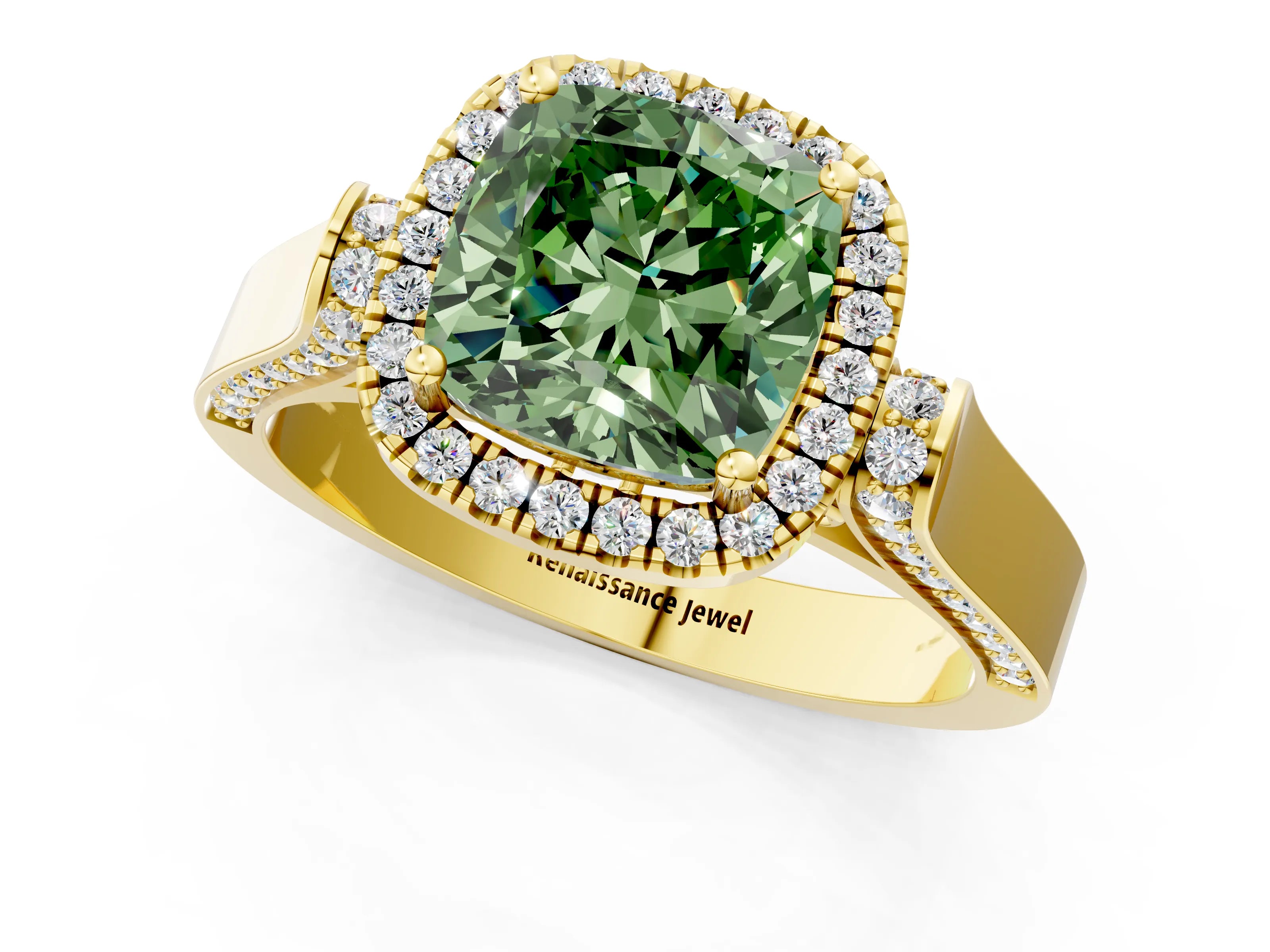Yellow gold Fancy Green Cushion Cut Halo Round Diamond Twist Band with Four-Prong Setting_1