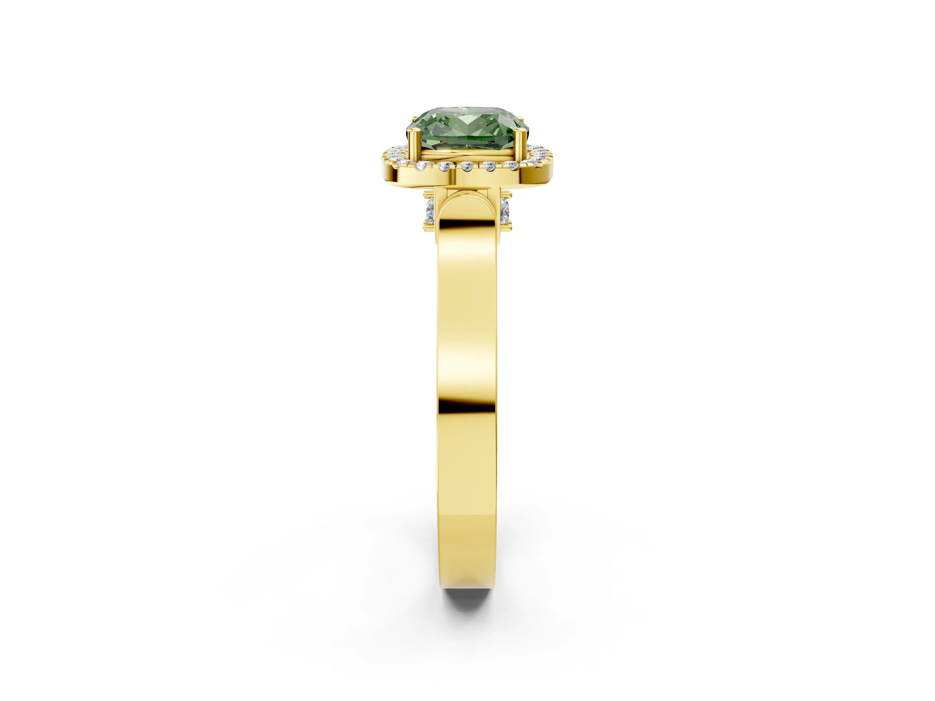 Yellow gold Fancy Green Cushion Cut Halo Round Diamond Twist Band with Four-Prong Setting_2