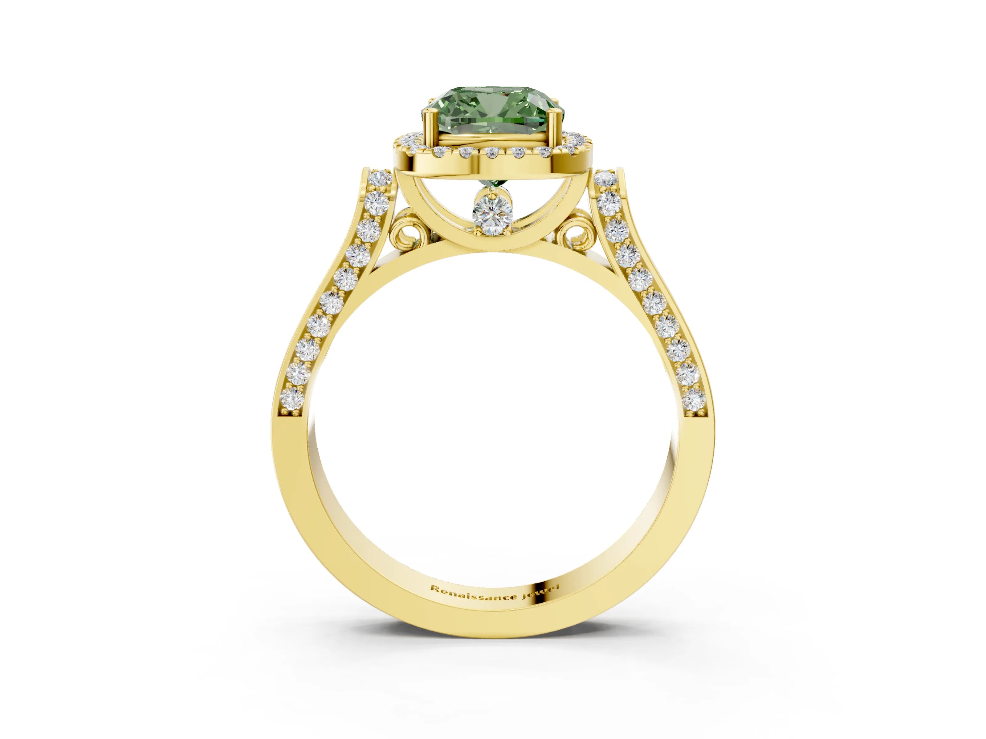 Yellow gold Fancy Green Cushion Cut Halo Round Diamond Twist Band with Four-Prong Setting_3