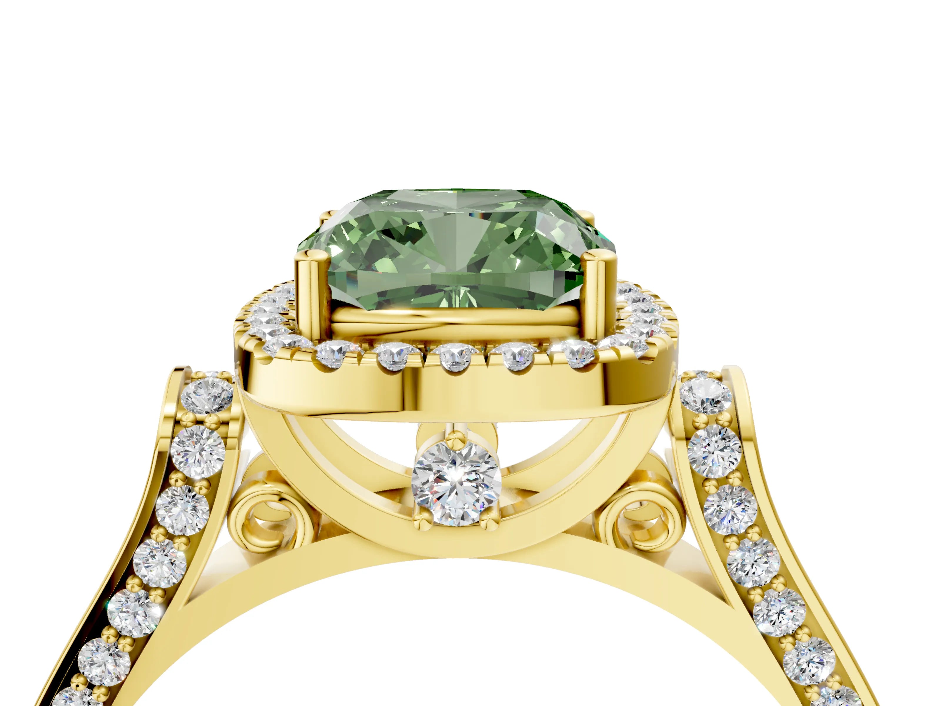 Yellow gold Fancy Green Cushion Cut Halo Round Diamond Twist Band with Four-Prong Setting_4