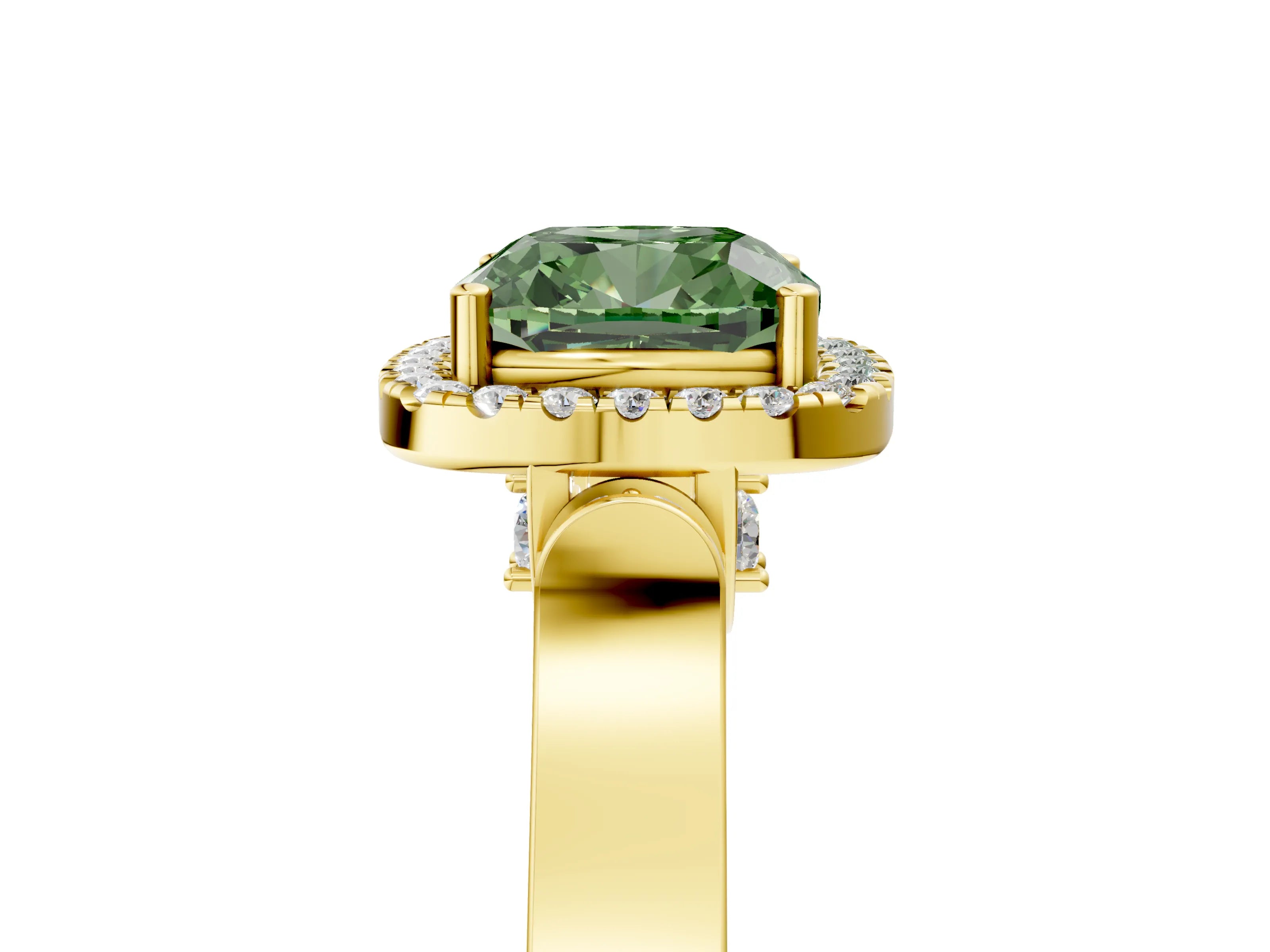 Yellow gold Fancy Green Cushion Cut Halo Round Diamond Twist Band with Four-Prong Setting_5