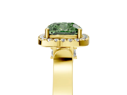 Yellow gold Fancy Green Cushion Cut Halo Round Diamond Twist Band with Four-Prong Setting_5