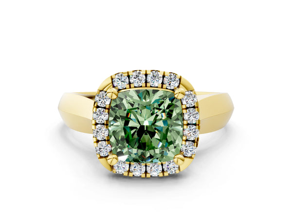 Yellow gold Fancy Green Cushion  Cut Halo Solitaire Engagement Ring with Square Band and Four-Prong Setting