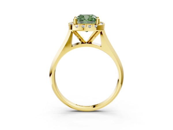 Yellow gold Fancy Green Cushion  Cut Halo Solitaire Engagement Ring with Square Band and Four-Prong Setting
