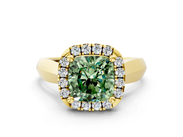 Yellow gold Fancy Green Cushion  Cut Halo Solitaire Engagement Ring with Square Band and Four-Prong Setting